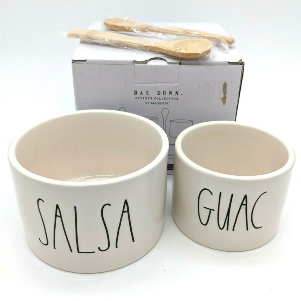 BRAND NEW & NEVER USED! Rae Dunn Guac & Salsa Bowls with Wooden Spoons